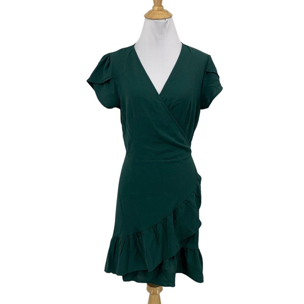 Sampeel Dress Womens M Medium Forest Ruffle Wrap V Neck Short Sleeve Tie Mini
